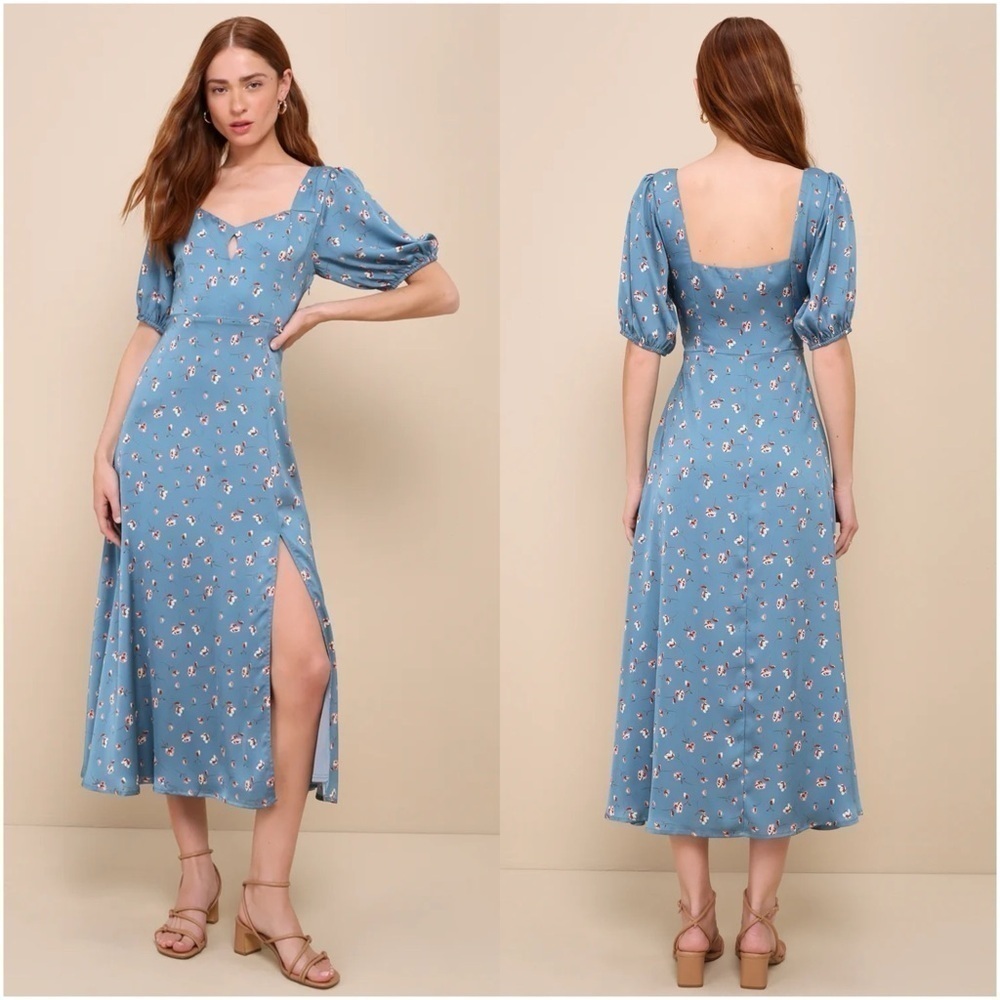 LULU’S Gorgeous Days Blue Floral Satin Puff Sleeve Midi Dress